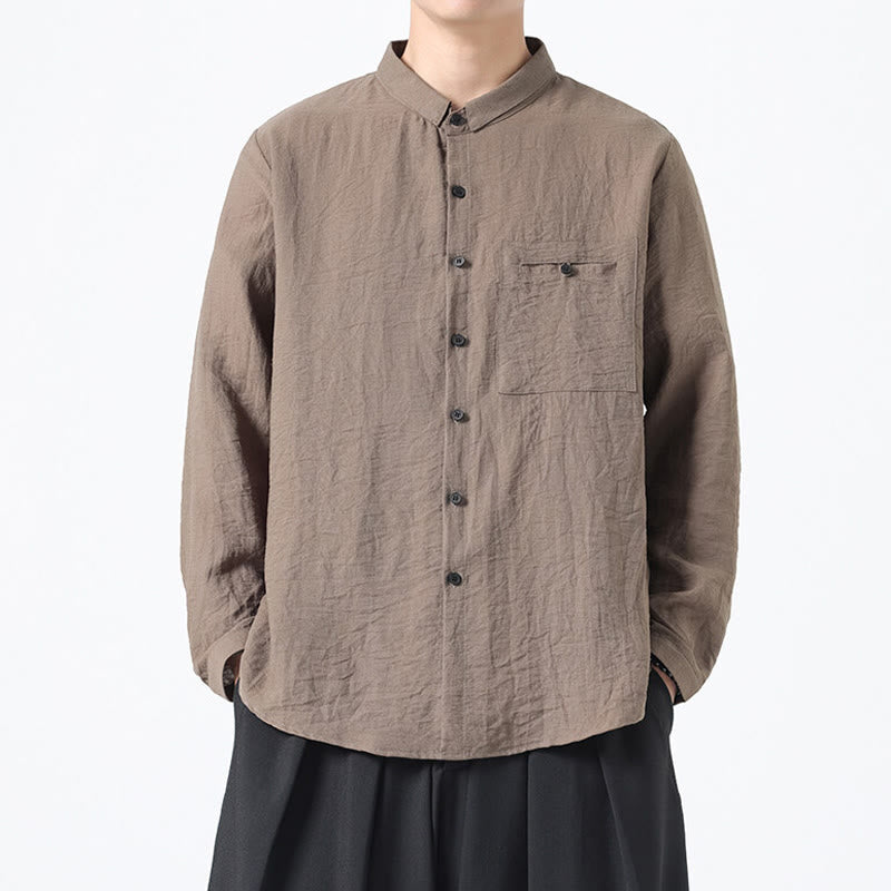 Buddha Stones Vintage Plain Buttons Down Stand Collar Long Sleeve Men's Cotton Shirt - Tan - US/UK/AU48,EU58(5XL) - image 16