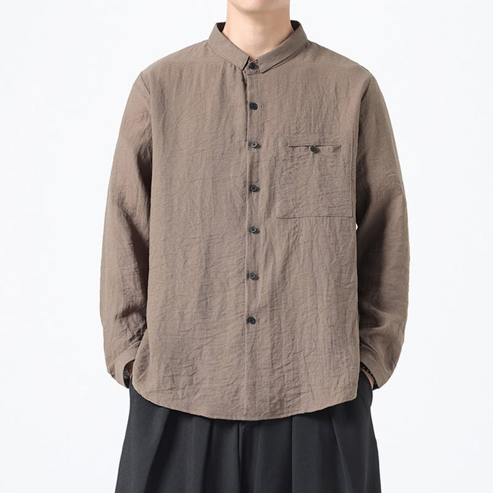Buddha Stones Vintage Plain Buttons Down Stand Collar Long Sleeve Men's Cotton Shirt - Tan - US/UK/AU48,EU58(5XL) - image 16