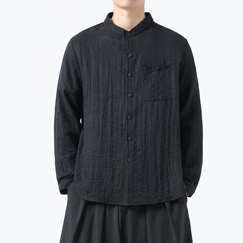 Buddha Stones Vintage Plain Buttons Down Stand Collar Long Sleeve Men's Cotton Shirt - Black - US/UK/AU48,EU58(5XL) - image 10