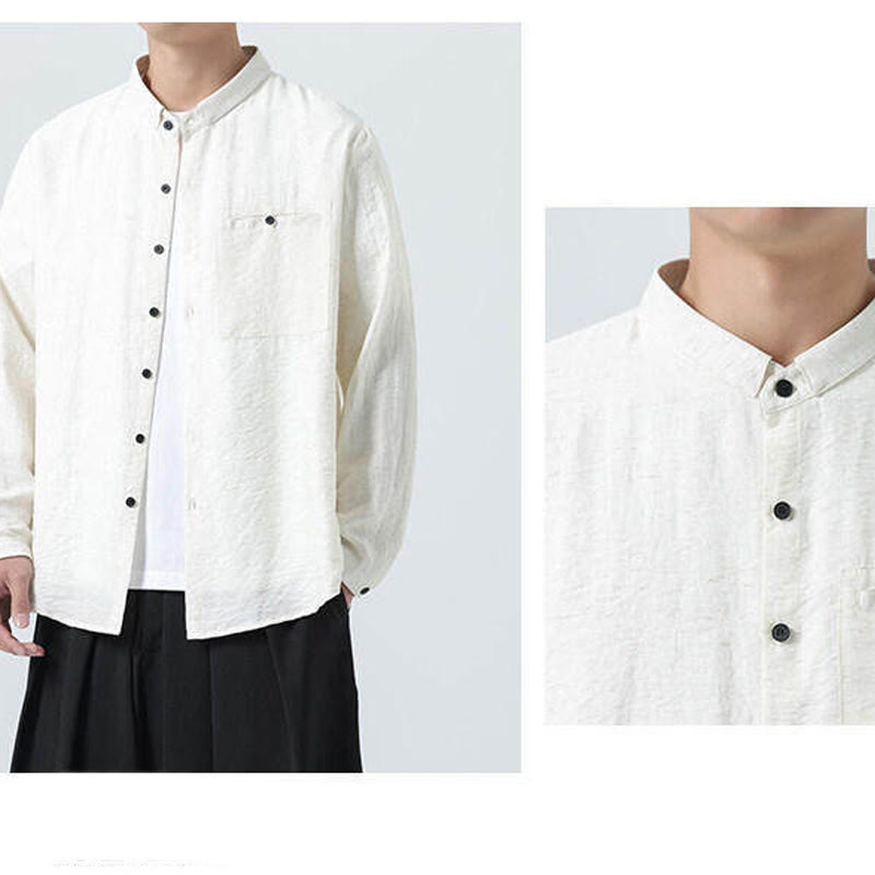 Buddha Stones Vintage Plain Buttons Down Stand Collar Long Sleeve Men's Cotton Shirt - image 9