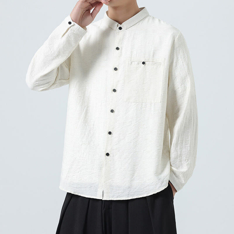 Buddha Stones Vintage Plain Buttons Down Stand Collar Long Sleeve Men's Cotton Shirt - image 6