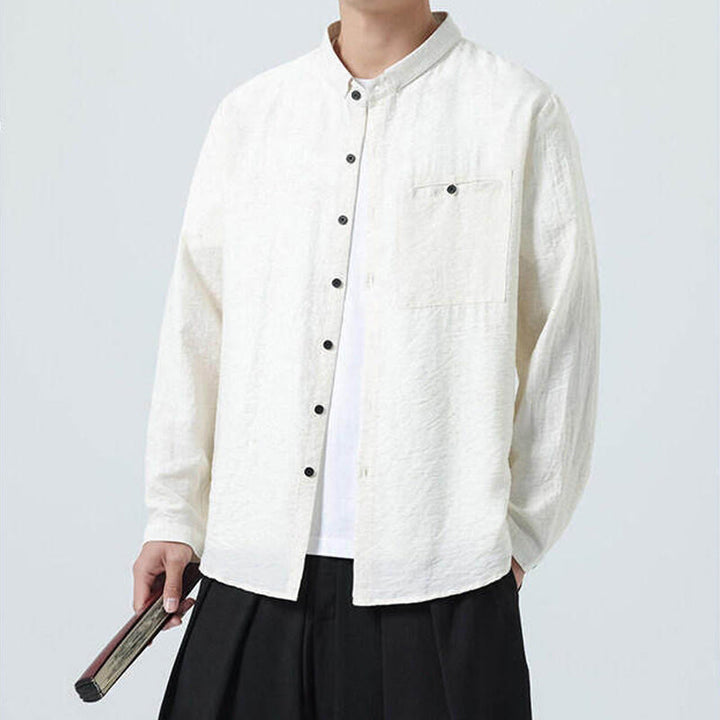 Buddha Stones Vintage Plain Buttons Down Stand Collar Long Sleeve Men's Cotton Shirt - image 5