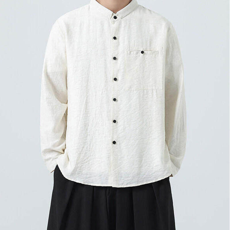 Buddha Stones Vintage Plain Buttons Down Stand Collar Long Sleeve Men's Cotton Shirt - image 7