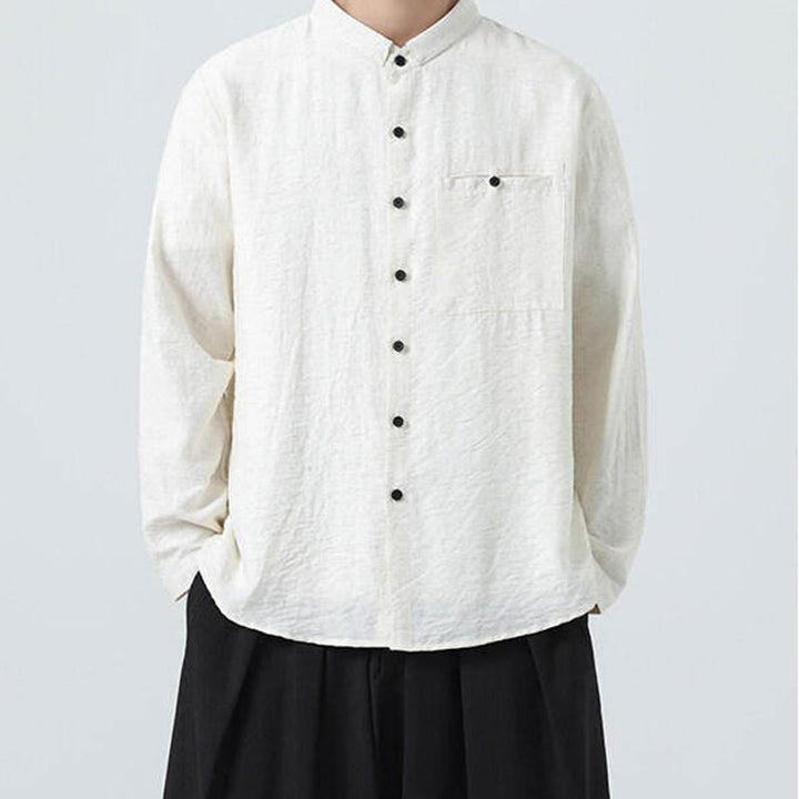 Buddha Stones Vintage Plain Buttons Down Stand Collar Long Sleeve Men's Cotton Shirt - image 7