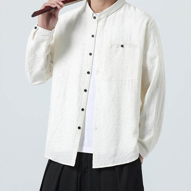 Buddha Stones Vintage Plain Buttons Down Stand Collar Long Sleeve Men's Cotton Shirt - image 4
