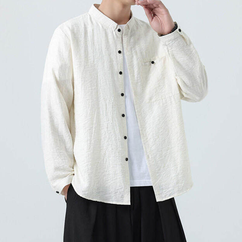 Buddha Stones Vintage Plain Buttons Down Stand Collar Long Sleeve Men's Cotton Shirt - image 2