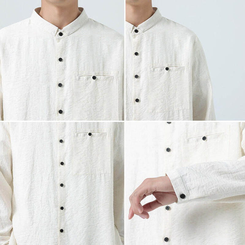Buddha Stones Vintage Plain Buttons Down Stand Collar Long Sleeve Men's Cotton Shirt - image 8