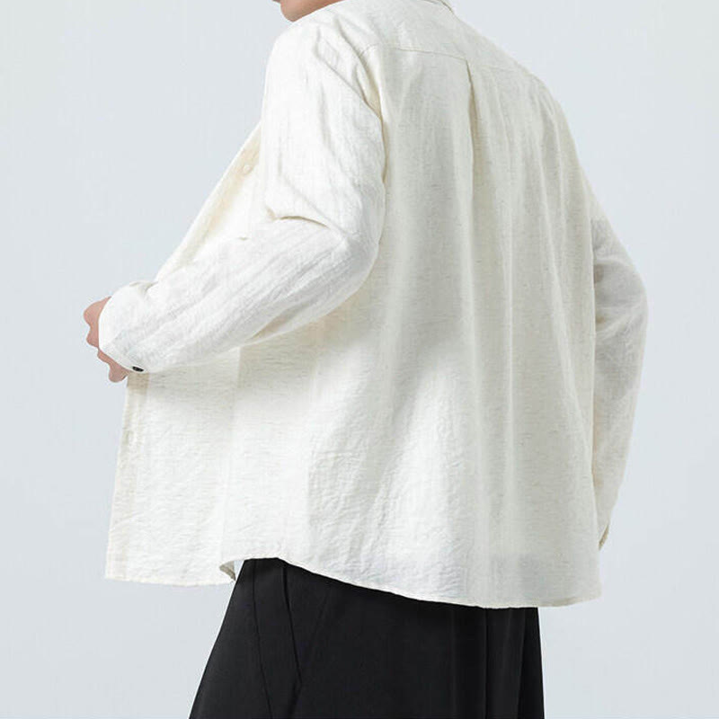 Buddha Stones Vintage Plain Buttons Down Stand Collar Long Sleeve Men's Cotton Shirt - image 3