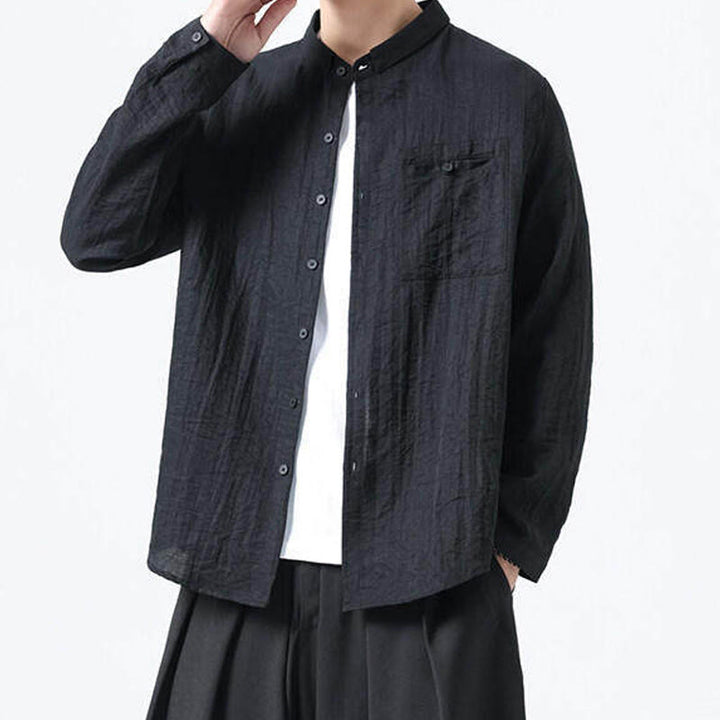 Buddha Stones Vintage Plain Buttons Down Stand Collar Long Sleeve Men's Cotton Shirt - image 13