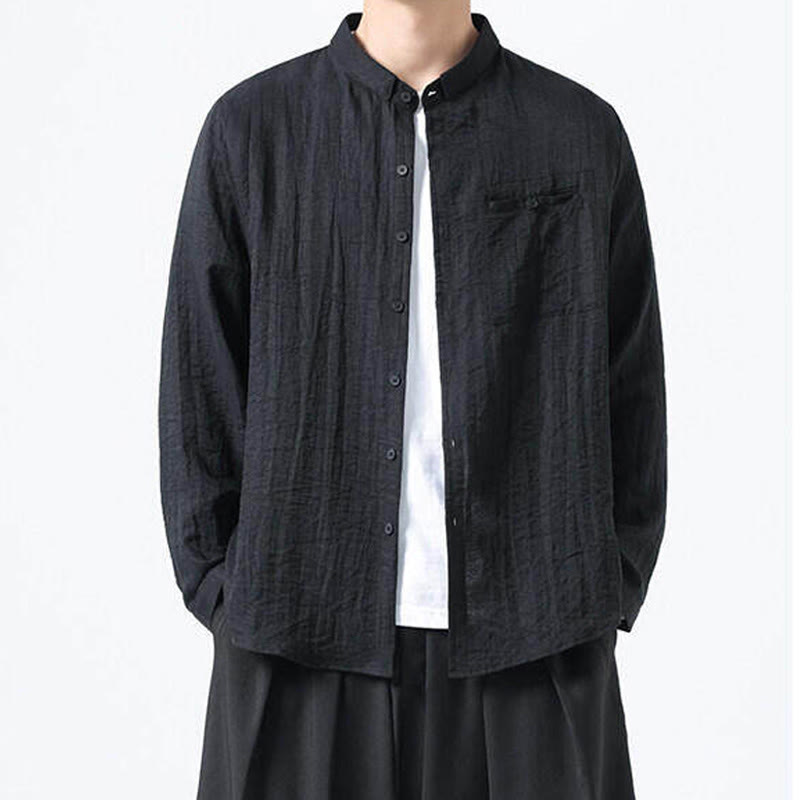 Buddha Stones Vintage Plain Buttons Down Stand Collar Long Sleeve Men's Cotton Shirt - image 11