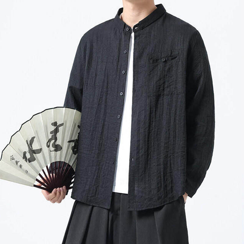 Buddha Stones Vintage Plain Buttons Down Stand Collar Long Sleeve Men's Cotton Shirt - image 14