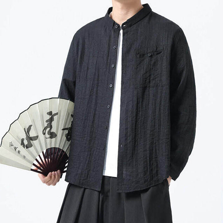 Buddha Stones Vintage Plain Buttons Down Stand Collar Long Sleeve Men's Cotton Shirt - image 14