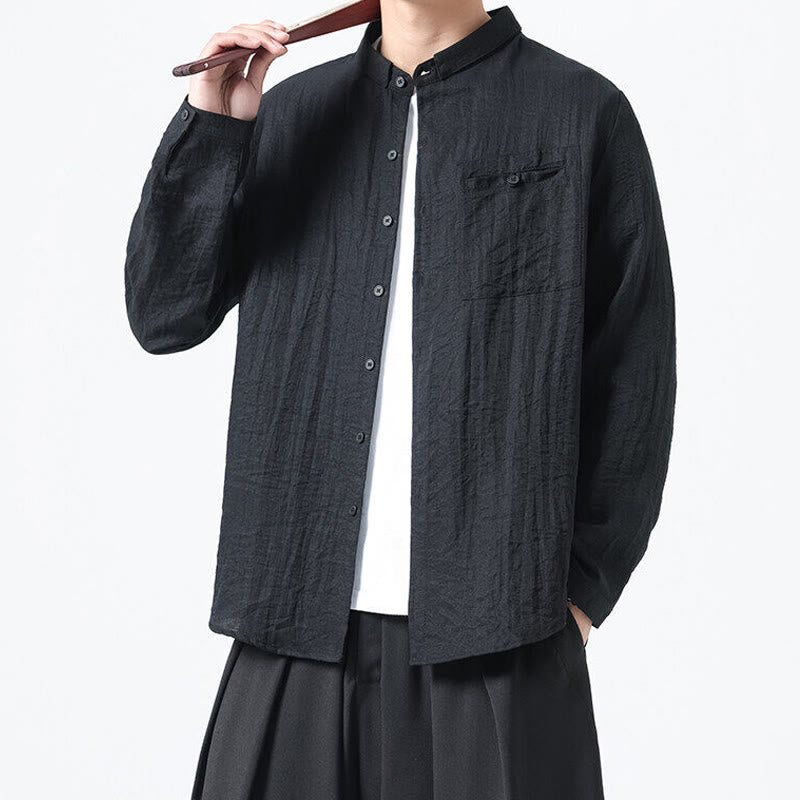 Buddha Stones Vintage Plain Buttons Down Stand Collar Long Sleeve Men's Cotton Shirt - image 15