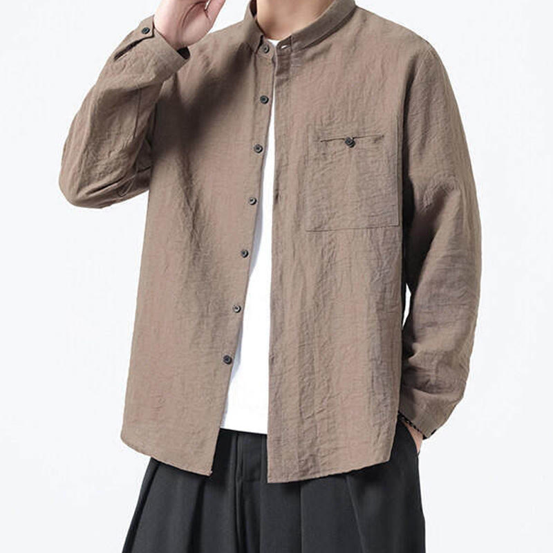 Buddha Stones Vintage Plain Buttons Down Stand Collar Long Sleeve Men's Cotton Shirt - image 20