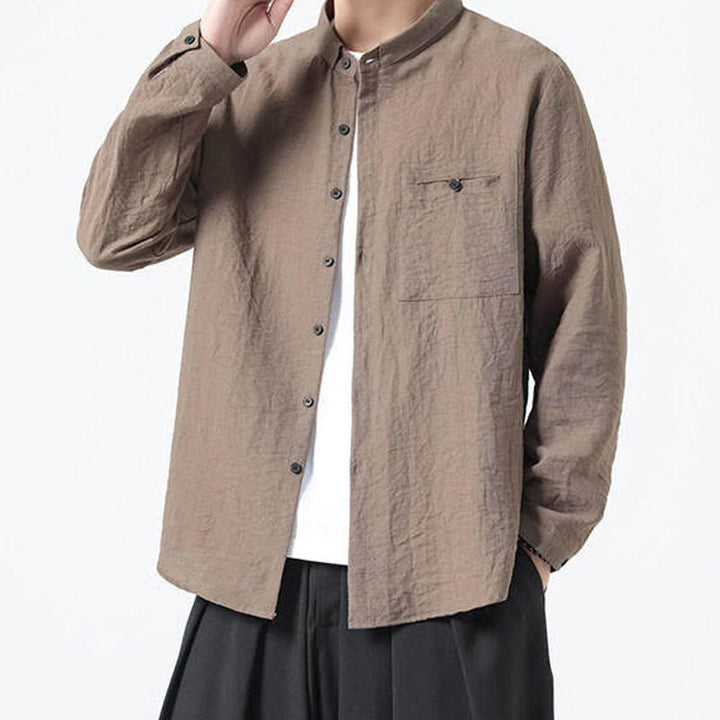 Buddha Stones Vintage Plain Buttons Down Stand Collar Long Sleeve Men's Cotton Shirt - image 20