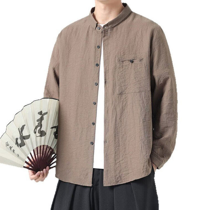 Buddha Stones Vintage Plain Buttons Down Stand Collar Long Sleeve Men's Cotton Shirt - image 17