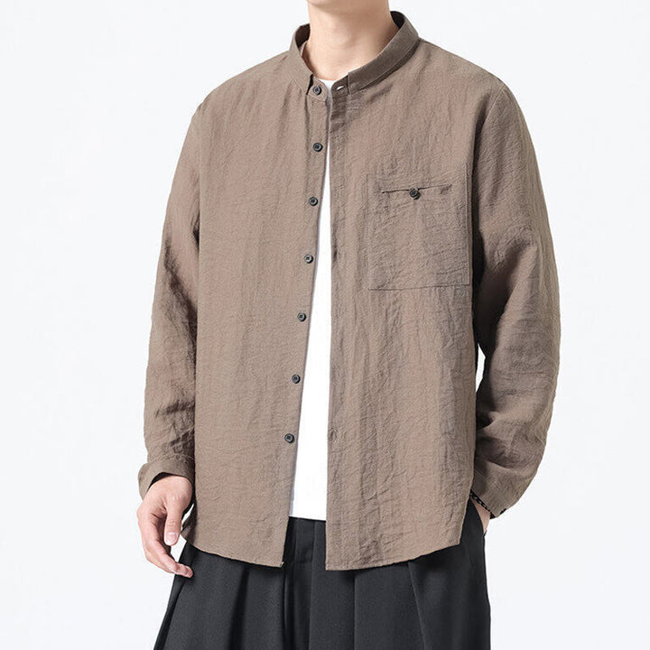 Buddha Stones Vintage Plain Buttons Down Stand Collar Long Sleeve Men's Cotton Shirt - image 21