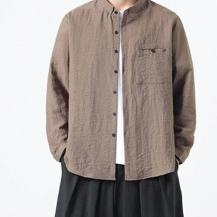 Buddha Stones Vintage Plain Buttons Down Stand Collar Long Sleeve Men's Cotton Shirt - image 19