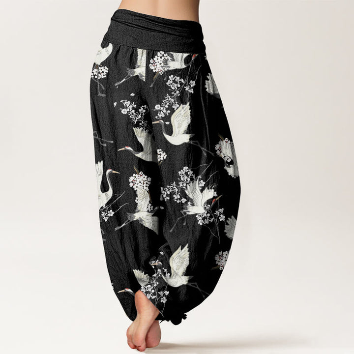 Buddha Stones Casual Elegant Crane Flower Pattern Women's Elastic Waist Harem Pants - image 3