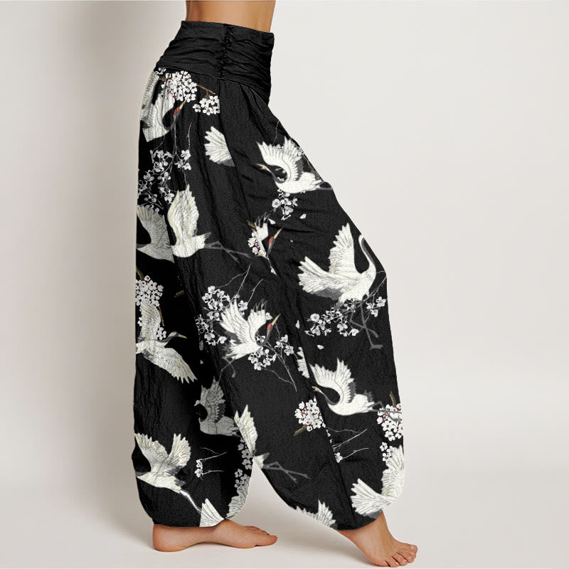 Buddha Stones Casual Elegant Crane Flower Pattern Women's Elastic Waist Harem Pants - image 2