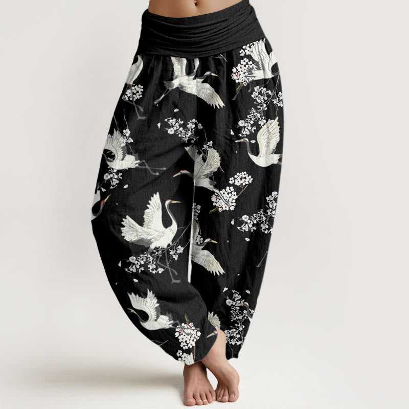 Buddha Stones Casual Elegant Crane Flower Pattern Women's Elastic Waist Harem Pants - Black - US22,UK/AU26,EU54 (6XL) - image 1