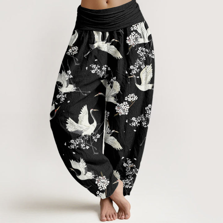 Buddha Stones Casual Elegant Crane Flower Pattern Women's Elastic Waist Harem Pants - Black - US22,UK/AU26,EU54 (6XL) - image 1