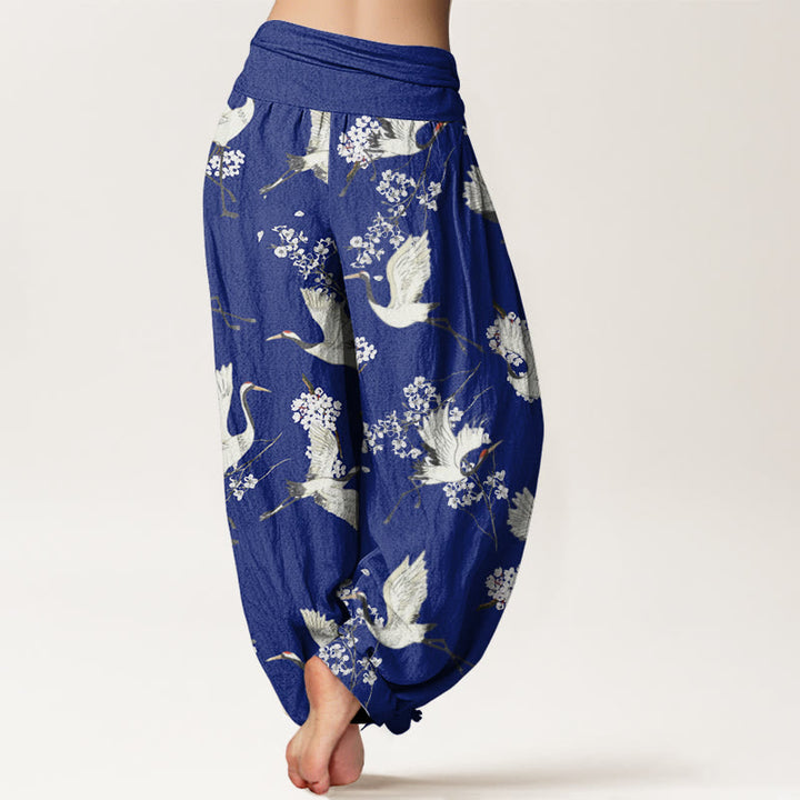 Buddha Stones Casual Elegant Crane Flower Pattern Women's Elastic Waist Harem Pants - image 7
