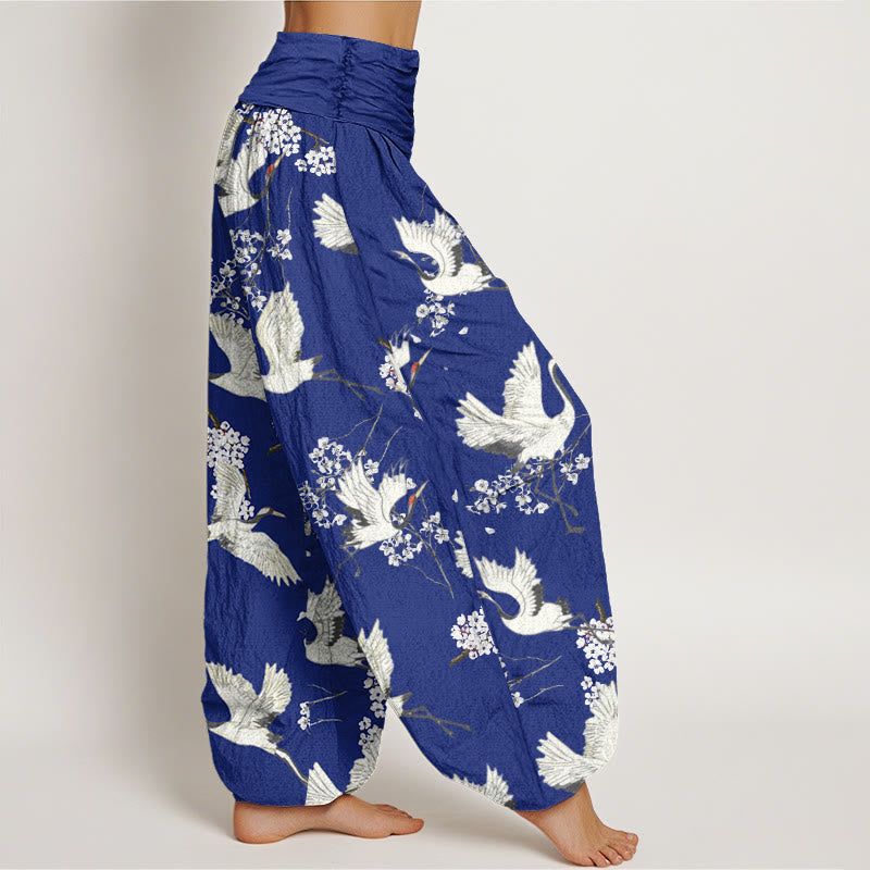 Buddha Stones Casual Elegant Crane Flower Pattern Women's Elastic Waist Harem Pants - image 6