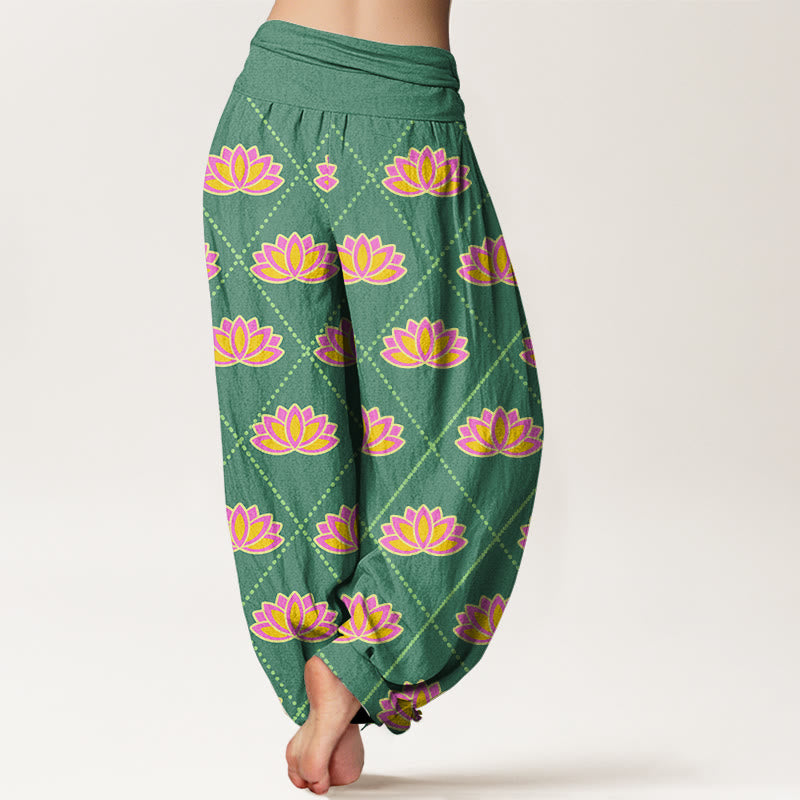 Buddha Stones Casual Vibrant Lotus Flower Pattern Women's Elastic Waist Harem Pants - image 3