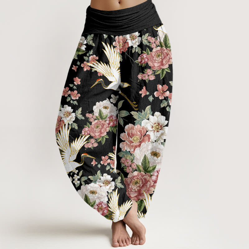 Buddha Stones Casual Cranes Blooming Peony Pattern Women's Elastic Waist Harem Pants - Black - US22,UK/AU26,EU54 (6XL) - image 1