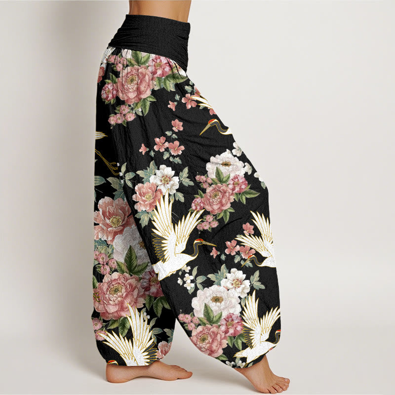 Buddha Stones Casual Cranes Blooming Peony Pattern Women's Elastic Waist Harem Pants - image 2