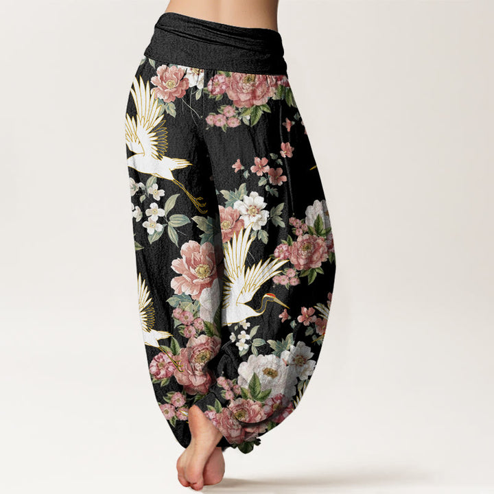 Buddha Stones Casual Cranes Blooming Peony Pattern Women's Elastic Waist Harem Pants - image 3