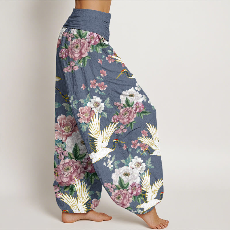 Buddha Stones Casual Cranes Blooming Peony Pattern Women's Elastic Waist Harem Pants - image 6