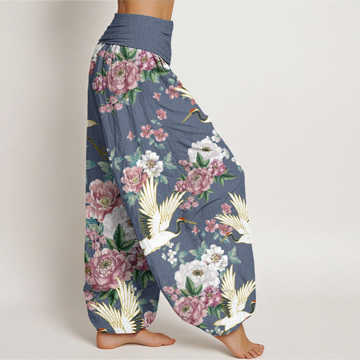 Buddha Stones Casual Cranes Blooming Peony Pattern Women's Elastic Waist Harem Pants - image 6