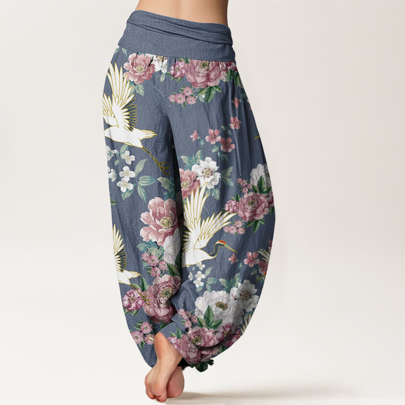 Buddha Stones Casual Cranes Blooming Peony Pattern Women's Elastic Waist Harem Pants - image 7