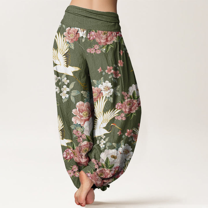 Buddha Stones Casual Cranes Blooming Peony Pattern Women's Elastic Waist Harem Pants - image 10