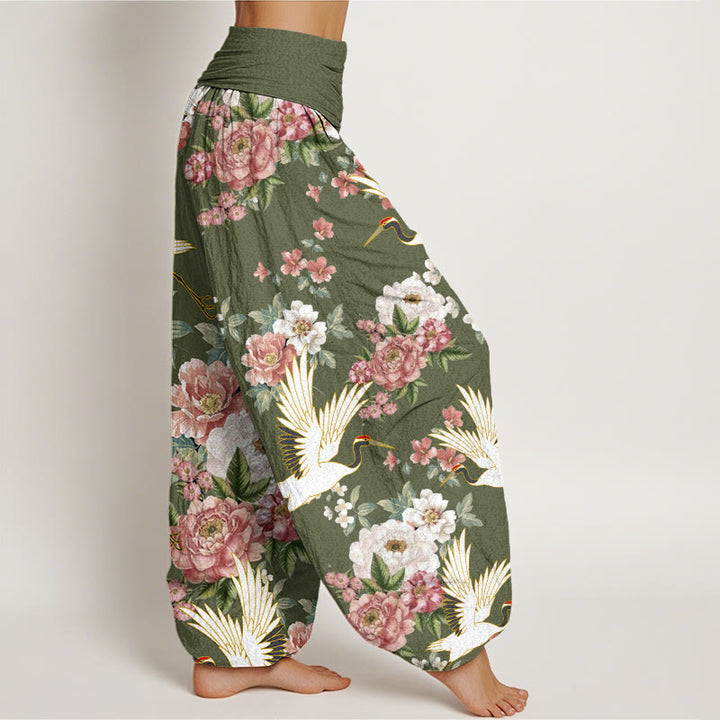 Buddha Stones Casual Cranes Blooming Peony Pattern Women's Elastic Waist Harem Pants - image 9