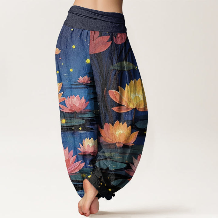Buddha Stones Casual Peaceful Nighttime Lotus Pattern Women's Elastic Waist Harem Pants - image 3