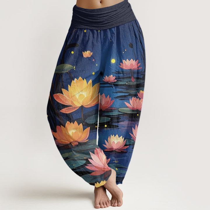 Buddha Stones Casual Peaceful Nighttime Lotus Pattern Women's Elastic Waist Harem Pants - Navy - US22,UK/AU26,EU54 (6XL) - image 1