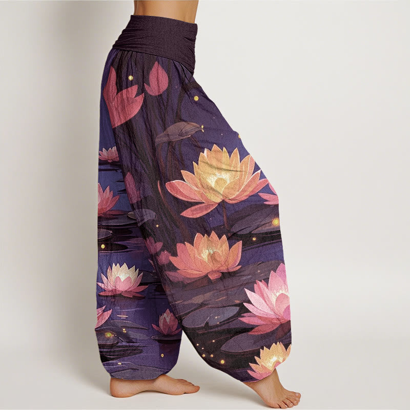 Buddha Stones Casual Peaceful Nighttime Lotus Pattern Women's Elastic Waist Harem Pants - image 6
