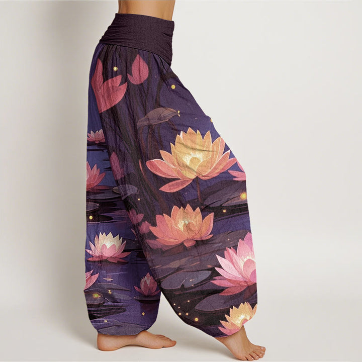 Buddha Stones Casual Peaceful Nighttime Lotus Pattern Women's Elastic Waist Harem Pants - image 6