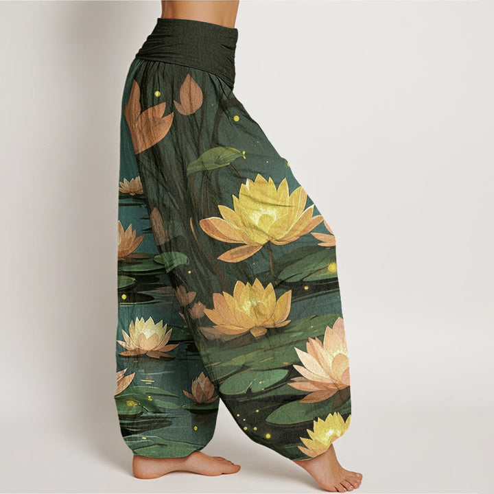 Buddha Stones Casual Peaceful Nighttime Lotus Pattern Women's Elastic Waist Harem Pants - image 9