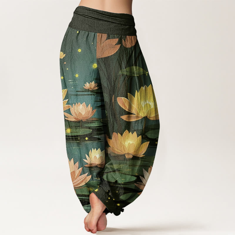 Buddha Stones Casual Peaceful Nighttime Lotus Pattern Women's Elastic Waist Harem Pants - image 10