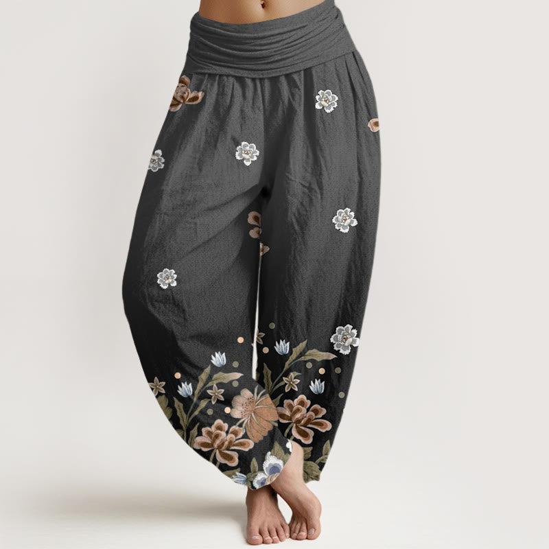 Buddha Stones Casual Blooming Flowers Pattern Women's Elastic Waist Harem Pants - Black - US22,UK/AU26,EU54 (6XL) - image 8