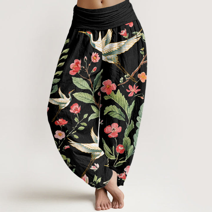 Buddha Stones Casual Red Flowers Crane Pattern Women's Elastic Waist Harem Pants - Black - US22,UK/AU26,EU54 (6XL) - image 1