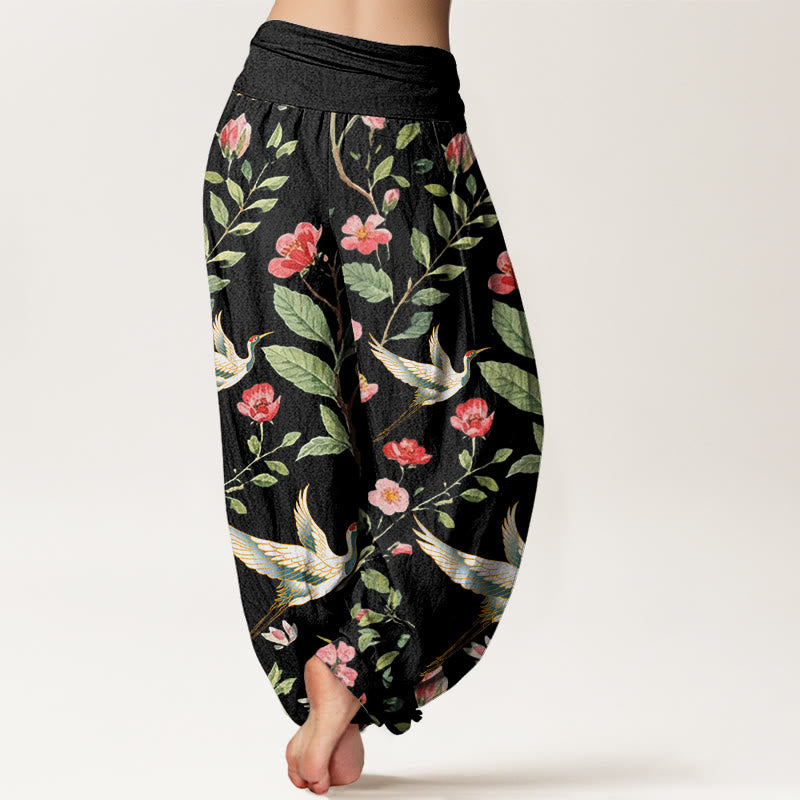 Buddha Stones Casual Red Flowers Crane Pattern Women's Elastic Waist Harem Pants - image 3