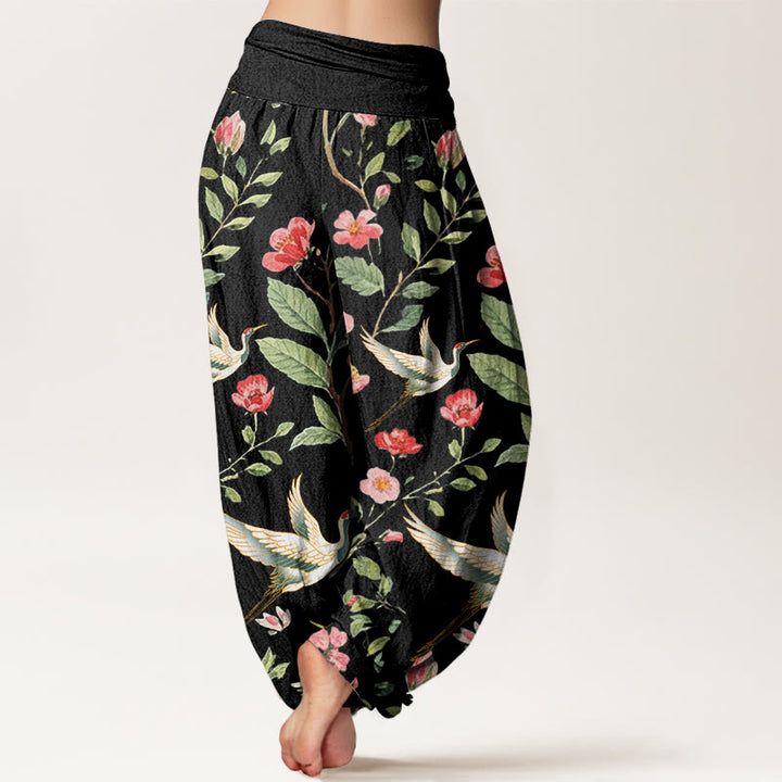Buddha Stones Casual Red Flowers Crane Pattern Women's Elastic Waist Harem Pants - image 3