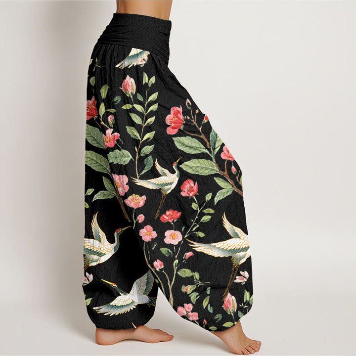 Buddha Stones Casual Red Flowers Crane Pattern Women's Elastic Waist Harem Pants - image 2
