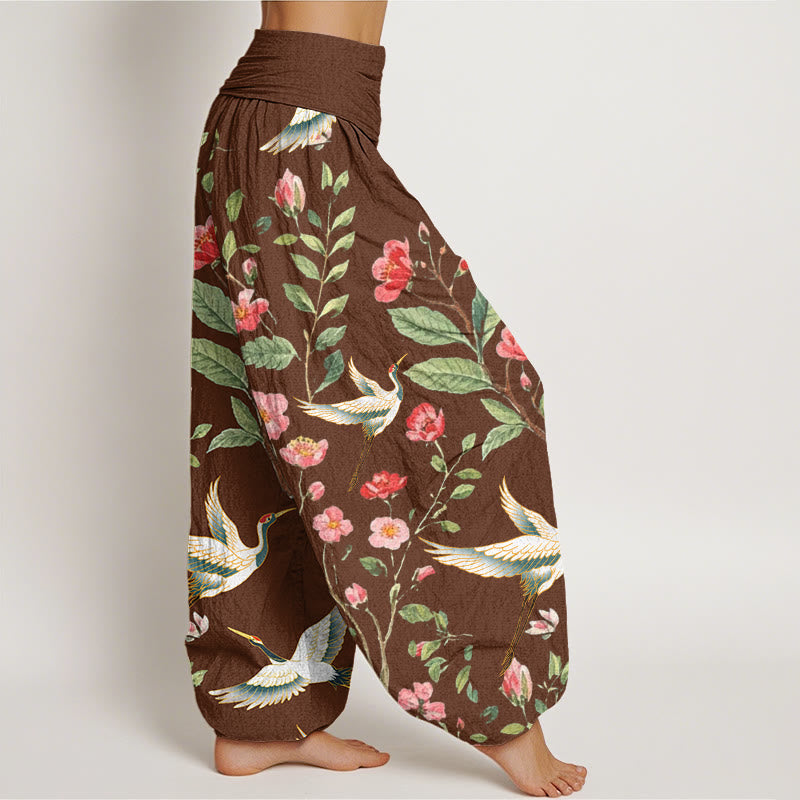 Buddha Stones Casual Red Flowers Crane Pattern Women's Elastic Waist Harem Pants - image 6