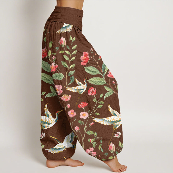 Buddha Stones Casual Red Flowers Crane Pattern Women's Elastic Waist Harem Pants - image 6